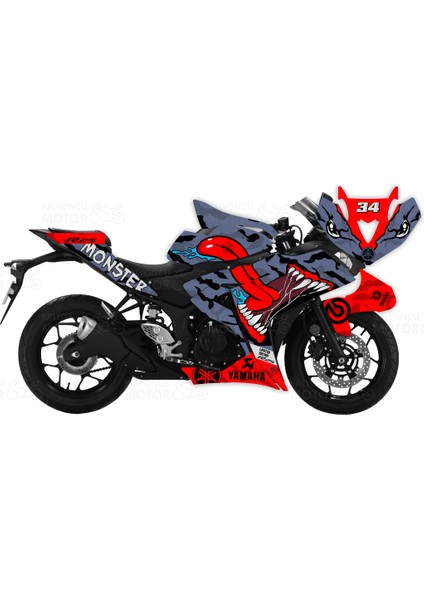 Yamaha YZF R25 Asphalt Monster Desing Sticker Set Mavi-Kırmızı 34