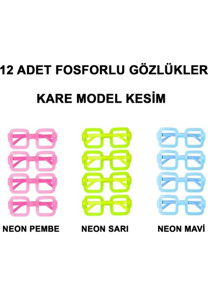 Öz Trend Store Fosforlu Kare Model Glow Parti Gözlüğü Karanlıkta Yanan Gözlükler 12 Adet