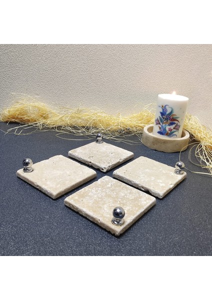 Traverten Bardak Altlığı 4’Lü Set, 10 x 10 cm , Eskitme, Krem, Gümüş Top Aksesuarlı