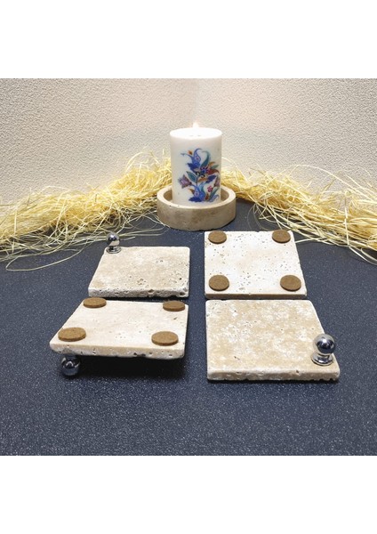 Traverten Bardak Altlığı 4’Lü Set, 10 x 10 cm , Eskitme, Krem, Gümüş Top Aksesuarlı
