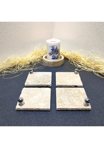 Traverten Bardak Altlığı 4’Lü Set, 10 x 10 cm , Eskitme, Krem, Gümüş Top Aksesuarlı