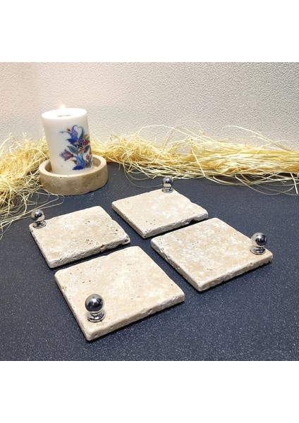 Traverten Bardak Altlığı 4’Lü Set, 10 x 10 cm , Eskitme, Krem, Gümüş Top Aksesuarlı
