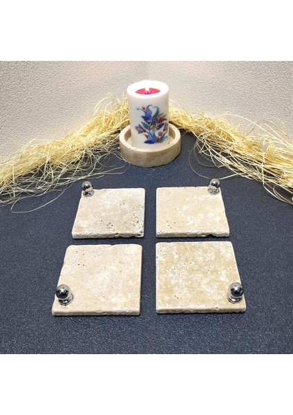 Traverten Bardak Altlığı 4’Lü Set, 10 x 10 cm , Eskitme, Krem, Gümüş Top Aksesuarlı
