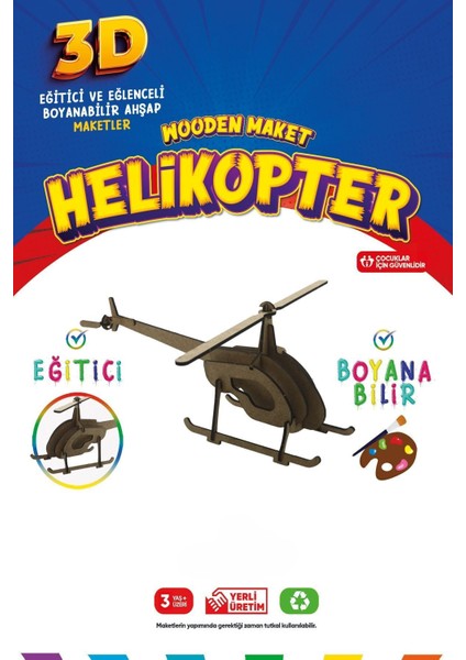 212TOYZZ 3D Boyanabilir Ahşap Tek Kanatlı Helikopter Maketi - Çocuklar Için Eğitici Oyuncak