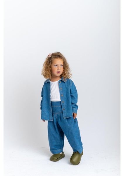 Pileli Beli Lastikli Kız Çocuk Kot Pantolon Mavi