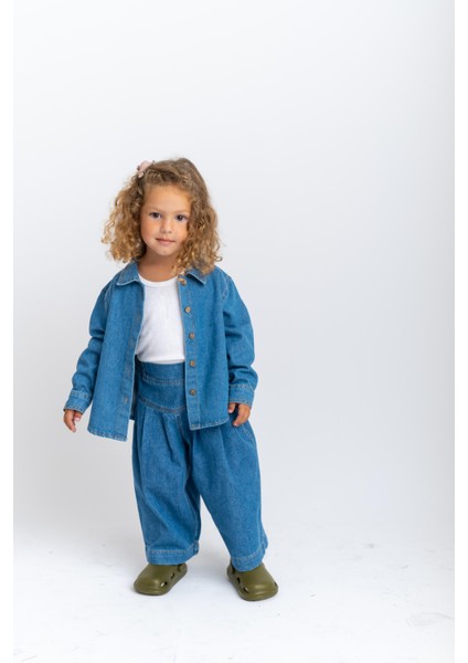 Pileli Beli Lastikli Kız Çocuk Kot Pantolon Mavi modelleri