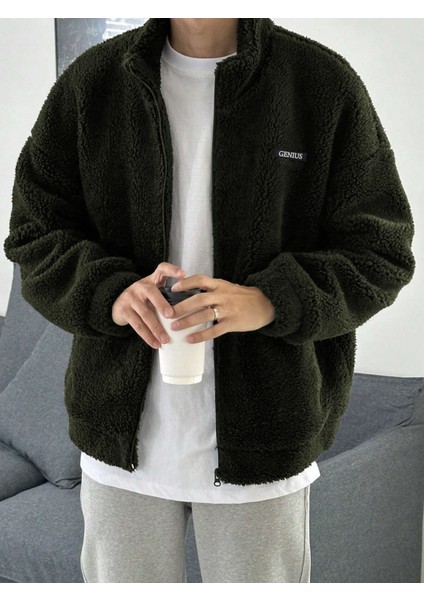 Oversize Tam Fermuarlı Kuzu Sweatshirt Içi Polarlı Sherpa Kumaş Sweatshirt Haki 2Xl