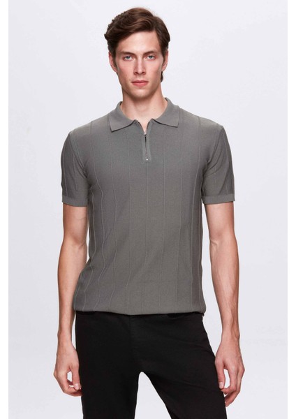 Slim Fit Haki Rayon Polo Yaka Fermuarlı Triko T-Shirt