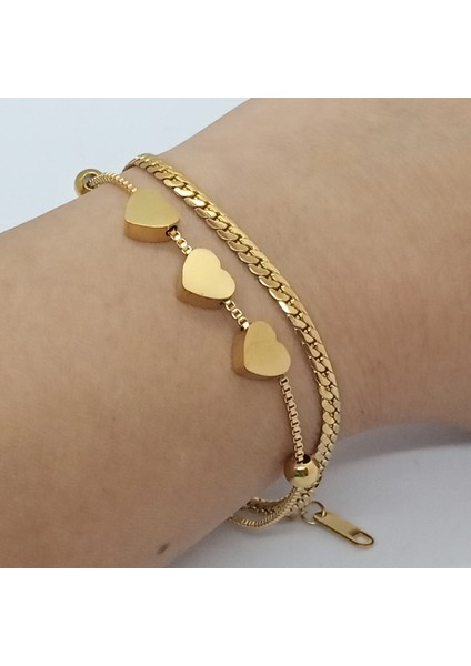 Çelik Gold Çift Zincir Kalpli Bileklik