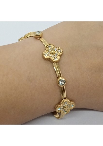 Çelik Gold Zirkon Taşlı Yonca Bileklik