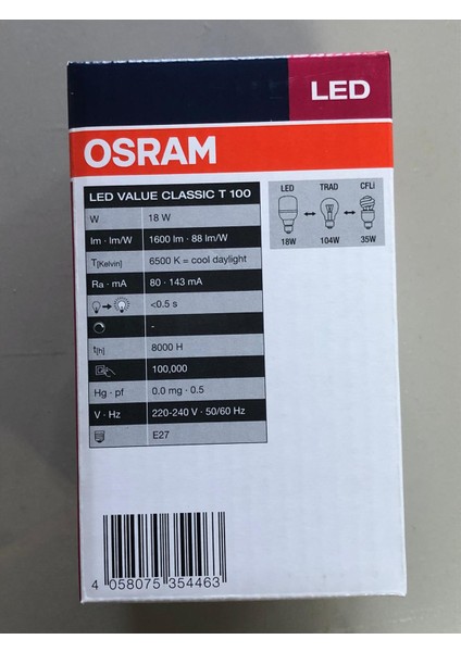 3 Adet Osram LED Value Jumbo 18W=104W 1600 Lümen 6500KELVİN Beyaz modelleri