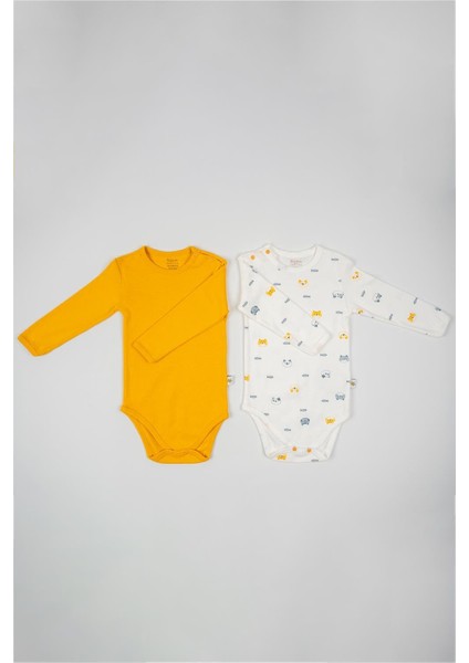 Unisex Bebek Sarı Beyaz Hayvan Desenli Ikili Çıtçıtlı Zıbın Takım