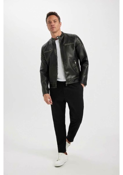 Siyah Slim Fit Dar Kesim Dik Yaka Fermuarlı Dört Cepli Astarlı Mevsimlik Hafif İnce Suni Deri Mont Ceket C6965AX24AU fiyatları