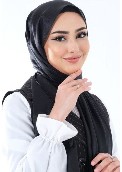 SİYAH Harem Scarf Kristal Saten Şal