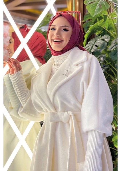 Bel Kuşaklı Yaka Taş Bronş Detaylı Kaban 7874 Ekru fırsatları