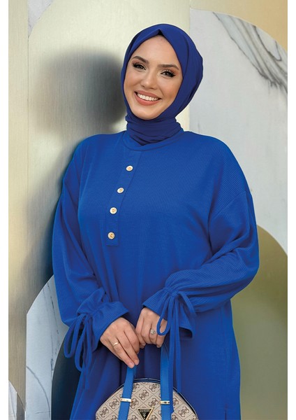 Düğme Detay Örme Tunik ve Pantolon Ikili Takım 6020 Saks fırsatları
