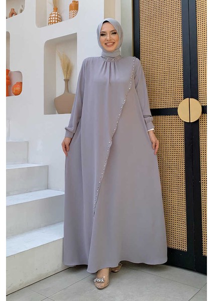 Çapraz Parça Görünümlü Incili Büyük Beden Elbise 3879-1 Gri