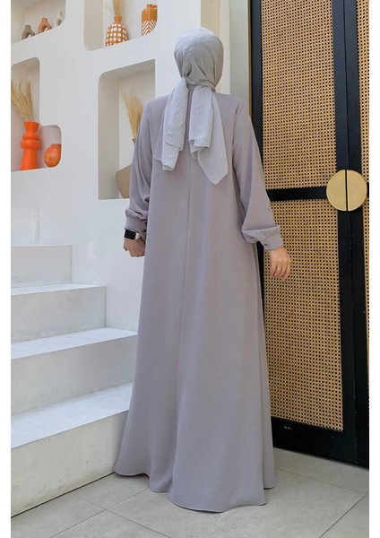 Çapraz Parça Görünümlü Incili Büyük Beden Elbise 3879-1 Gri fiyatları