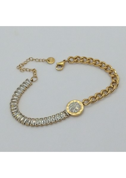Çelik Gold Zirkon Taşlı Su Yolu Zincir Bileklik