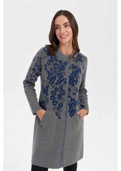 Kadın Dik Yaka Çiçekli Uzun Yün Kaban Füme