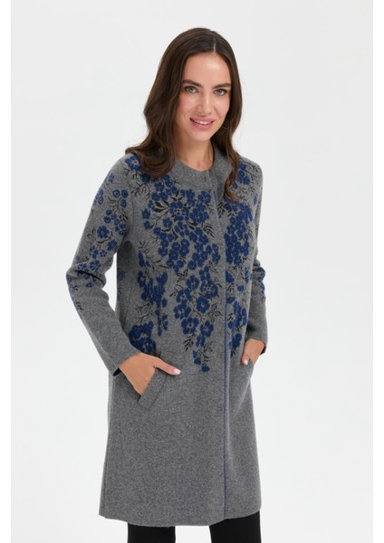 Kadın Dik Yaka Çiçekli Uzun Yün Kaban Füme fiyatları