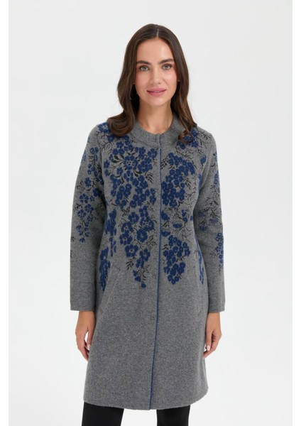 Kadın Dik Yaka Çiçekli Uzun Yün Kaban Füme indirimleri