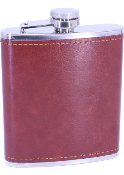 Kahverengi Deri Kaplama Paslanmaz Çelik Cep Matarası - Hip Flask 7 Oz