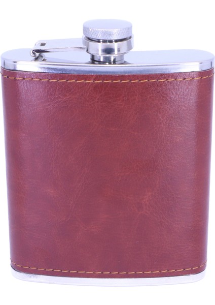 Kahverengi Deri Kaplama Paslanmaz Çelik Cep Matarası - Hip Flask 7 Oz