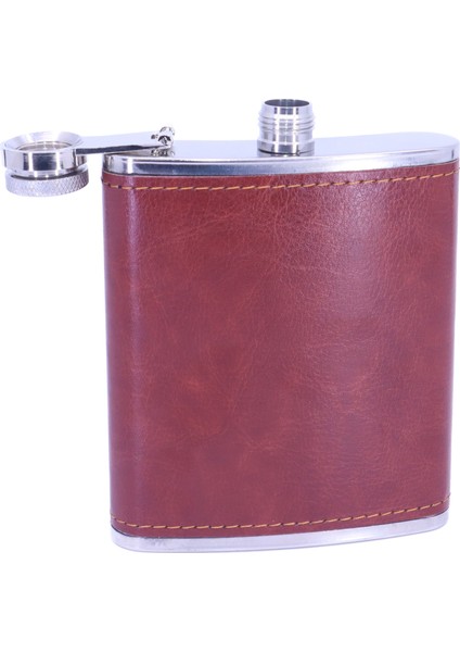 Kahverengi Deri Kaplama Paslanmaz Çelik Cep Matarası - Hip Flask 7 Oz