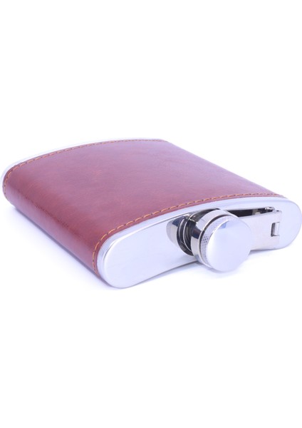 Kahverengi Deri Kaplama Paslanmaz Çelik Cep Matarası - Hip Flask 7 Oz