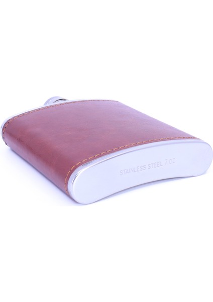 Kahverengi Deri Kaplama Paslanmaz Çelik Cep Matarası - Hip Flask 7 Oz