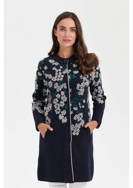 Kadın Dik Yaka Çiçekli Uzun Yün Kaban K.lacivert fiyatları