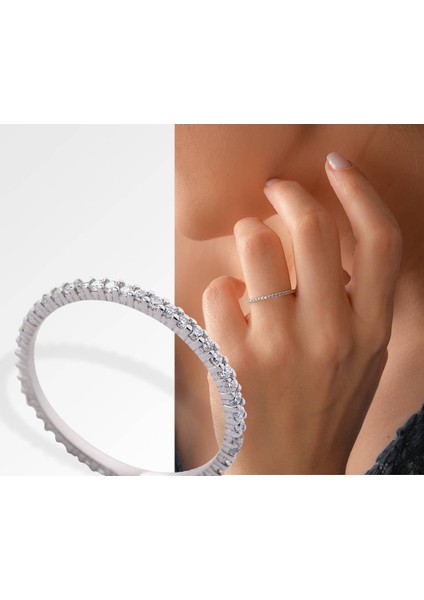 Pırlanta Kasa Tek Sıra Taşlı Tamtur Gümüş Yüzük