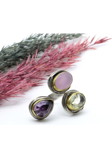 Ametis Kuvars Sitrin Taşlı El Yapımı Gümüş Yüzük