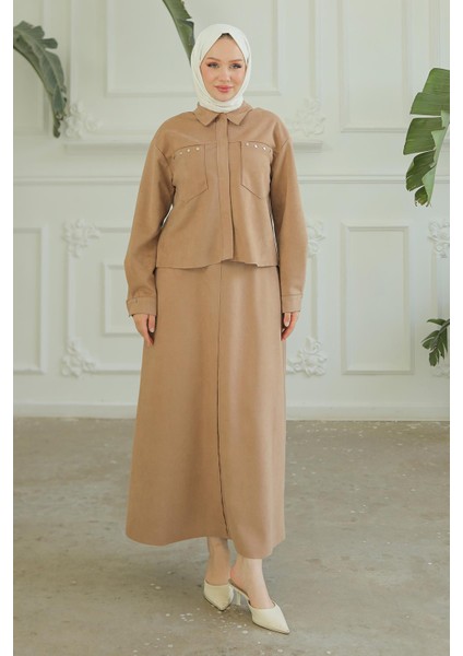 Gizli Fermuarlı Gömlek Yakalı Ikili Takım Vizon 24KT604