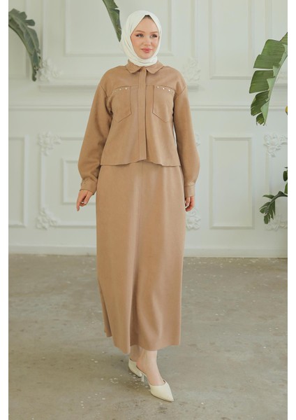 Gizli Fermuarlı Gömlek Yakalı Ikili Takım Vizon 24KT604 fiyatları