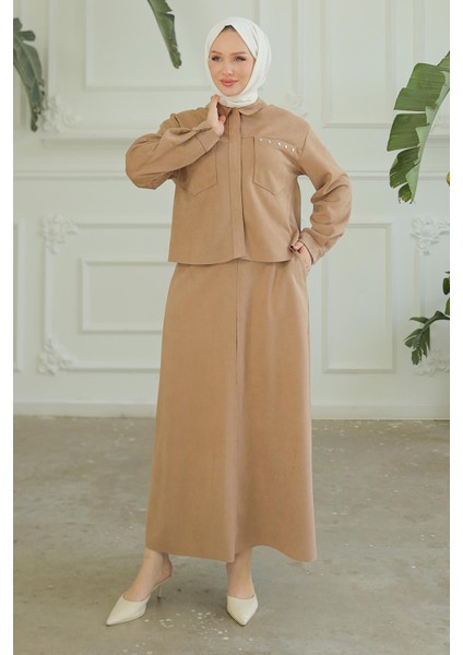 Gizli Fermuarlı Gömlek Yakalı Ikili Takım Vizon 24KT604 modelleri