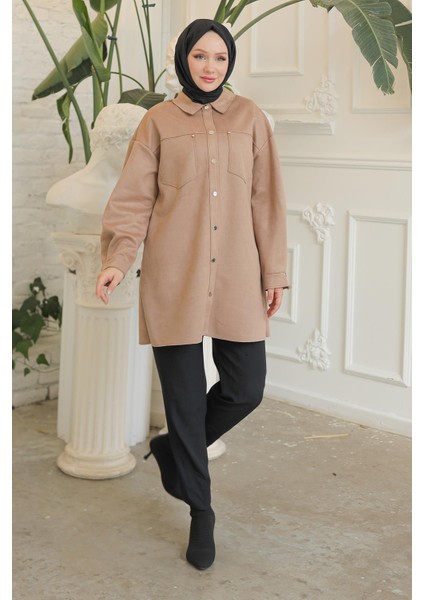 Çıtçıtlı Gömlek Yakalı Cepli Tunik Sütlü Kahve 24KT401