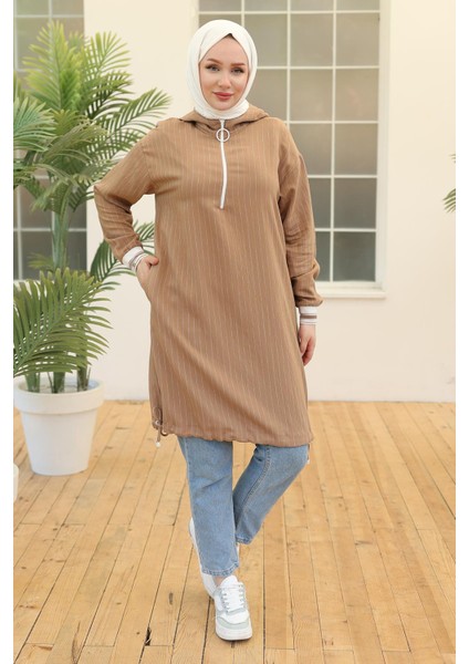 Armine Trend Kolları Ribanalı Kapüşonlu Tunik Camel 24YT468