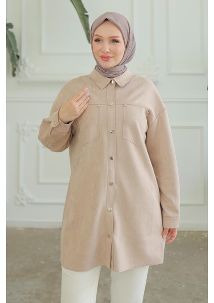 Çıtçıtlı Gömlek Yakalı Cepli Tunik Latte 24KT401