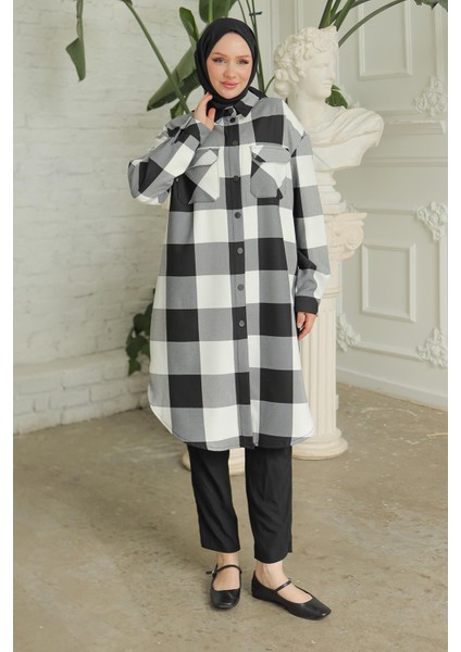 Gömlek Yaka Çıtçıtlı Cepli Tunik Siyah Beyaz Kareli 24KT415 fiyatları