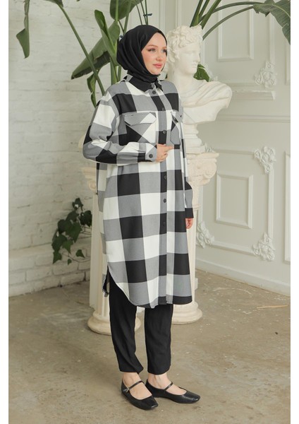 Gömlek Yaka Çıtçıtlı Cepli Tunik Siyah Beyaz Kareli 24KT415 modelleri