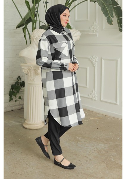 Gömlek Yaka Çıtçıtlı Cepli Tunik Siyah Beyaz Kareli 24KT415 fırsatları