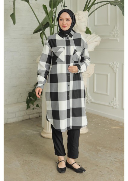 Gömlek Yaka Çıtçıtlı Cepli Tunik Siyah Beyaz Kareli 24KT415 indirimleri
