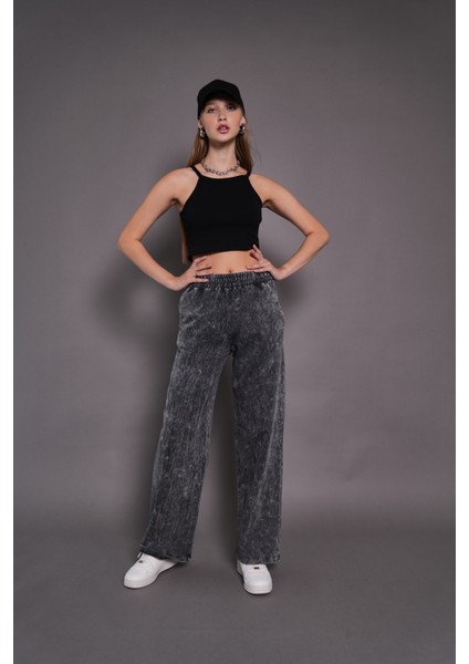 Kadın Yıkamalı 2 Iplik Geniş Paça Cepli Eşofman Altı Siyah 24546 modelleri