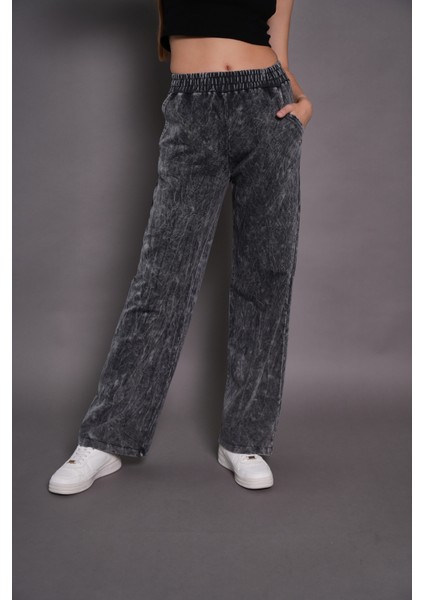 Kadın Yıkamalı 2 Iplik Geniş Paça Cepli Eşofman Altı Siyah 24546 fırsatları