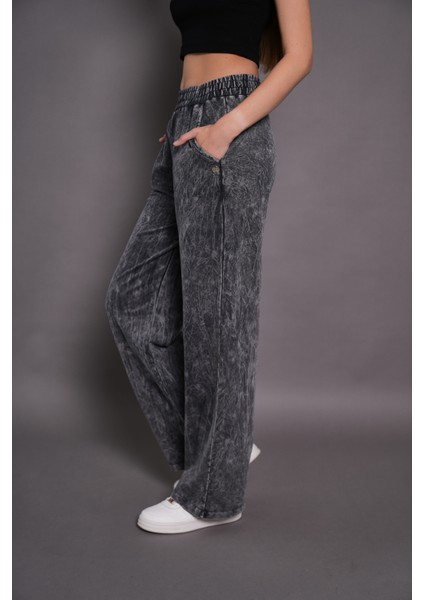 Kadın Yıkamalı 2 Iplik Geniş Paça Cepli Eşofman Altı Siyah 24546 indirimleri