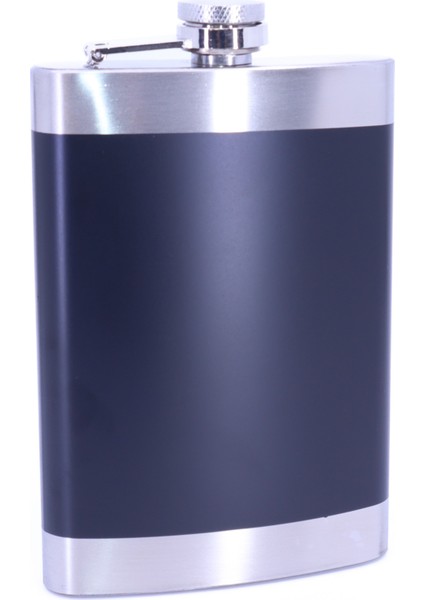 Siyah Deri Kaplama Paslanmaz Çelik Cep Matarası - Hip Flask 9 Oz