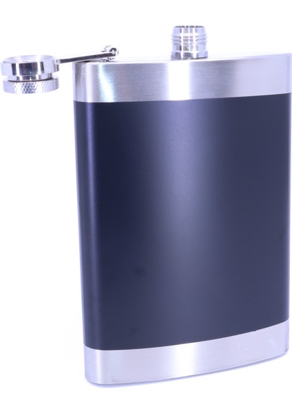Siyah Deri Kaplama Paslanmaz Çelik Cep Matarası - Hip Flask 9 Oz
