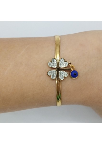 Çelik Zirkon Taşlı Asansörlü Italyan Zincir Yonca Bileklik